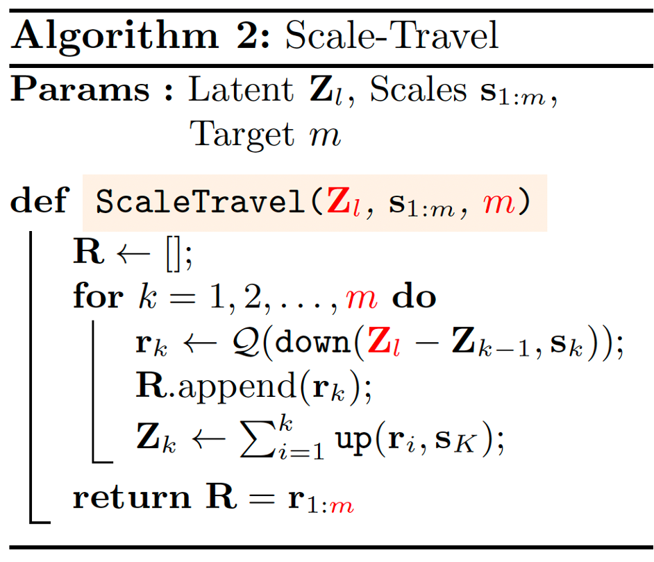 Algorithm 2, Scale-Travel pseudocode